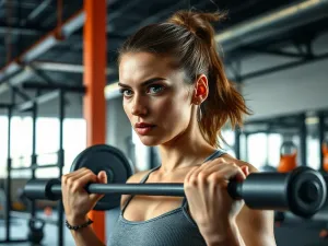 Wysportowana kobieta wykonuje dynamiczny przysiad z wyskokiem w nowoczesnej siłowni, obrazując intensywność treningu HIIT.