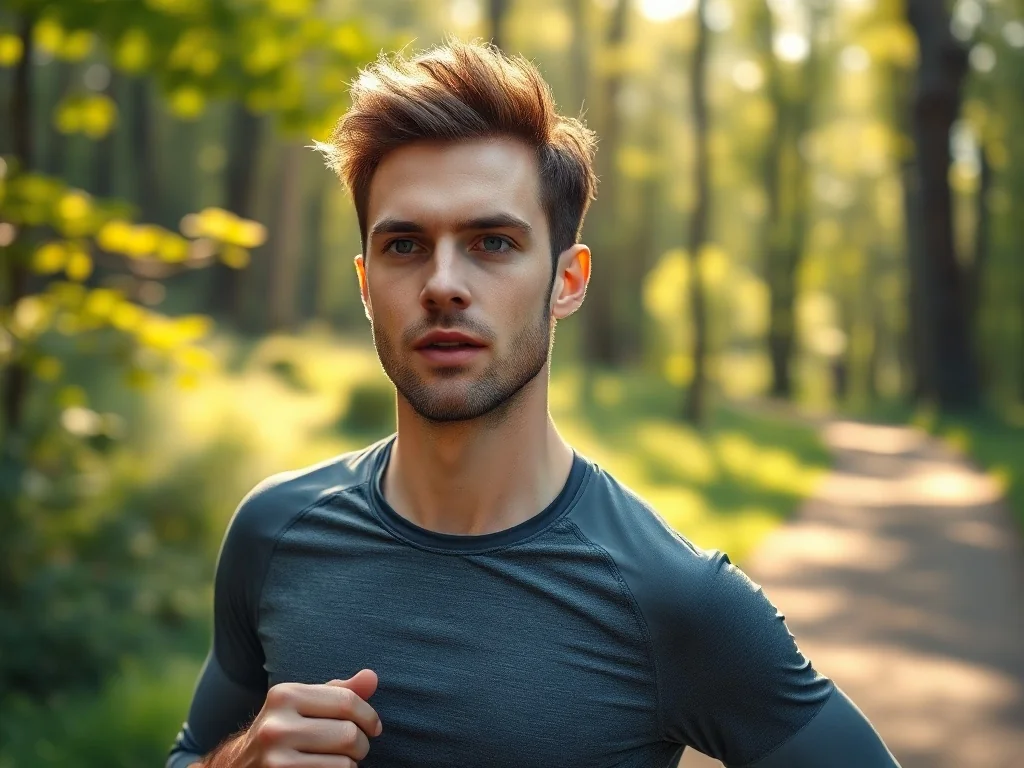 Mężczyzna w sportowym stroju biegnący leśną ścieżką, ilustrujący aktywność fizyczną podczas marszobiegu.