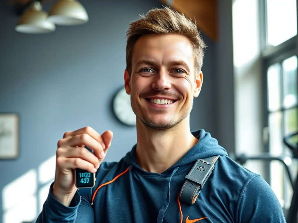 Uśmiechnięty mężczyzna trzymający nowoczesny smartwatch i sprzęt do biegania w domowej siłowni.