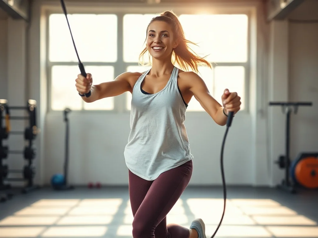 Wysportowana kobieta skacząca na skakance w nowoczesnej siłowni, prezentująca dynamiczny trening cardio.