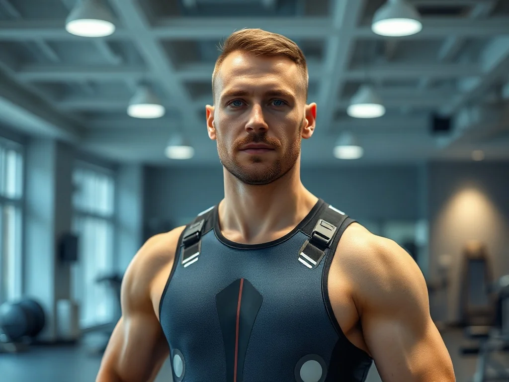 Mężczyzna w profesjonalnym kombinezonie do treningu EMS w nowoczesnym studiu fitness.